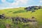 Ruins of the ceremonial village of Orongo, in the archaeological site on the Rano Kau volcano, on Easter Island - Rapa