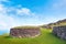 Ruins of the ceremonial village of Orongo, in the archaeological site on the Rano Kau volcano, on Easter Island - Rapa