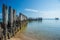 Ruins of concrete torpedo launching station in sea water