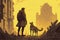 The ruins of a desolate city serve as the backdrop for a man and his loyal canine companion, standing amidst the post-apocalyptic