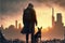The ruins of a desolate city serve as the backdrop for a man and his loyal canine companion, standing amidst the post-apocalyptic