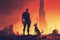 The ruins of a desolate city serve as the backdrop for a man and his loyal canine companion, standing amidst the post-apocalyptic