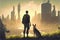 The ruins of a desolate city serve as the backdrop for a man and his loyal canine companion, standing amidst the post-apocalyptic