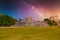 Ruins of El Caracol observatory temple, Chichen Itza, Yucatan, Mexico, Maya civilization with Milky Way Galaxy stars night sky