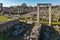 Ruins of entrance and panorama of archeological area of ancient Philippi, Greece