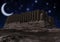 Ruins of the Great Kyz Kala located in ancient Merv in the Mary province, Turkmenistan at night with a new crescent moon on a sta