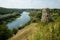 Ruins of Gubkiv Hubkiv castle on a Sluch river hills in summer near Gubkiv village, Rivne region, Ukraine