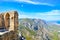 Ruins of historical Saint Hilarion Castle in Northern Cyprus offering an amazing view of beautiful Kyrenia region