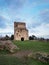 The ruins of the medieval Donnington Castle at sunset with colourful clouds in the evening sky, Newbury, Berkshire