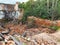 Ruins of an old abandoned deserted brick building demolition rubble shot as architectural scene