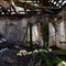 The ruins of an old abandoned house. Inside view. A dilapidated rural house
