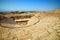 Ruins of old amphitheater, Hierapolis in Pamukkale. Is popular tourist destination in Turkey. Panorama ancient Greco Roman city