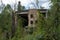 The ruins of an old factory and a chimney. An old factory overgrown with trees