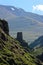 Ruins of old fortress near Kazbegi, Stepantsminda village in Georgia