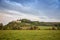 Ruins of old medieval Frankopan fortress Novigrad and countryside landscape in Croatia