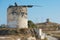 Ruins of old windmills at Santorini, Greece.