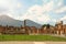 Ruins of Pompeii overlooking Mount Vesuvius in the distance, Campania, Italy