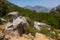 Ruins rock tombs at unique Southwest necropolis Termessos ancient city