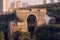 Ruins of a roman ancient viaduct and modern buildings at background. Ayas, Mersin province, Turkey