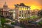 Ruins of Roman`s forum at sunset, ancient government buildings started 7th century BC. Rome