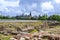 Ruins of the Royal castle of Prussian kings in the center of Kaliningrad. The view of the Cathedral of Koenigsberg