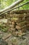 Ruins of sandstone walls of historic mill in Manchester, Connecticut.