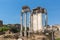 Ruins of Temple of Dioscuri at Roman Forum in city of Rome