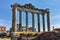 Ruins of Temple of Saturn and Capitoline Hill in city of Rome