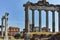 Ruins of Temple of Saturn and Capitoline Hill in city of Rome