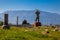 Ruins of the Temple of Venus at the ancient city of Pompeii and the mountains in spring