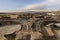 Ruins of the Temple of Zvartnots with the two peaks of the Mt Ararat on the background.