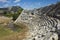 Ruins of Theatre in Letoon Ancient City in village Kumluova, Turkey. Sunny day, Greek culture ancient amphitheater