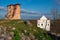 Ruins of Tower and Mindovg Castle on hill, Farnese Church of Transfiguration of the Lord in Novogrudok, Belarus