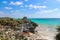 Ruins of Tulum on the coast of Caribbean Sea,Yuacatan,Mexico. Maya site popular for tourists.View of Templo Dios del Viento,God of