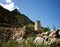 Ruins of the village of Kunnyum-El and the watchtower of Abai-Kala on a sunny slope above the village of Verkhnyaya Bakaria