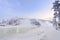 Rukatunturi ski jumping hill in winter season and nice weather and blue sky in winter season and sunset time at Ruka ski