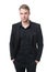 Rules for wearing all black clothing. Black fashion trend. Man elegant manager wear black formal outfit on white