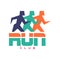 Run club logo, colorful emblem with abstract running people silhouettes, label for sports club, sport tournament