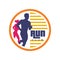 Run club logo template, emblem with abstract running man and woman silhouettes, label for sports club, sport tournament