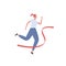 Run exercise workout concept. Vector flat illustration. Young female runner finish race. Red ribbon winner sign. Healthy lifestyle