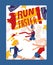 Run faster banner, sport activities event, character people, male and female, competition, isolated on white, poster