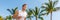 Run marathon race fitness man running outdoor on tropical palm trees background banner panorama