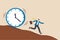 Run out of time, work deadline, time countdown or time management concept, tried businessman running away from falling rolling