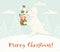 Run polar bear with gift box scandinavian card. New year.