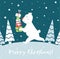 Run polar bear with gift box scandinavian card. New year.