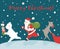 Run Santa Claus reindeer, and bear with gift box and bag scandinavian card.