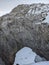 rund loch in the rock, ski tour from the fisetenpass towards gemsfairenstock, large hole in the rock. skitouring. Winter