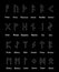 Rune set of outline letters on black background. Runic alphabet. Writing ancient. Futhark. Vector illustration, symbols.