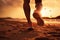 Runner athlete running on beach. woman fitness jogging workout wellness concept, Running at the Beach, close up of leg, dreamy