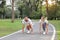 A runner caucasian couple is at starter for jogging in the park during summer season with smile healthy or sport concept